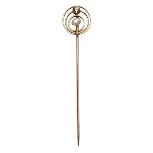 10K Yellow Gold Diamond Pearl Round Modernist Stick Lapel Pin L571